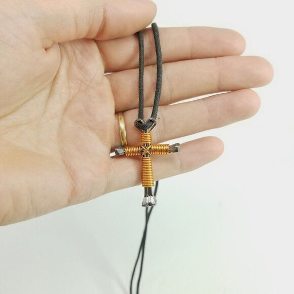 Vintage Cross Pendant Necklace, Wire Wraped Nails, Black Cord, Estate - Picture 5 of 6